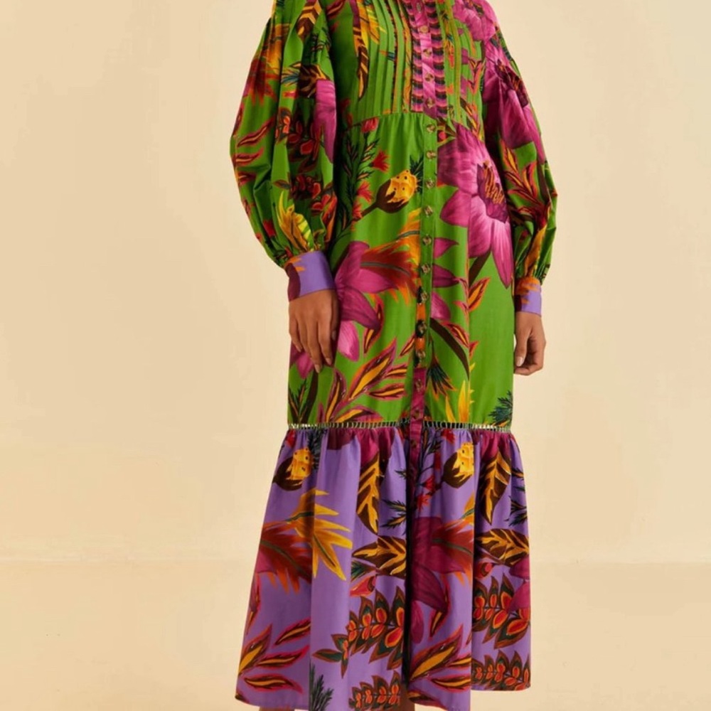 Farm Rio Flowers Long Sleeve Maxi Shirtdress In Green Multi